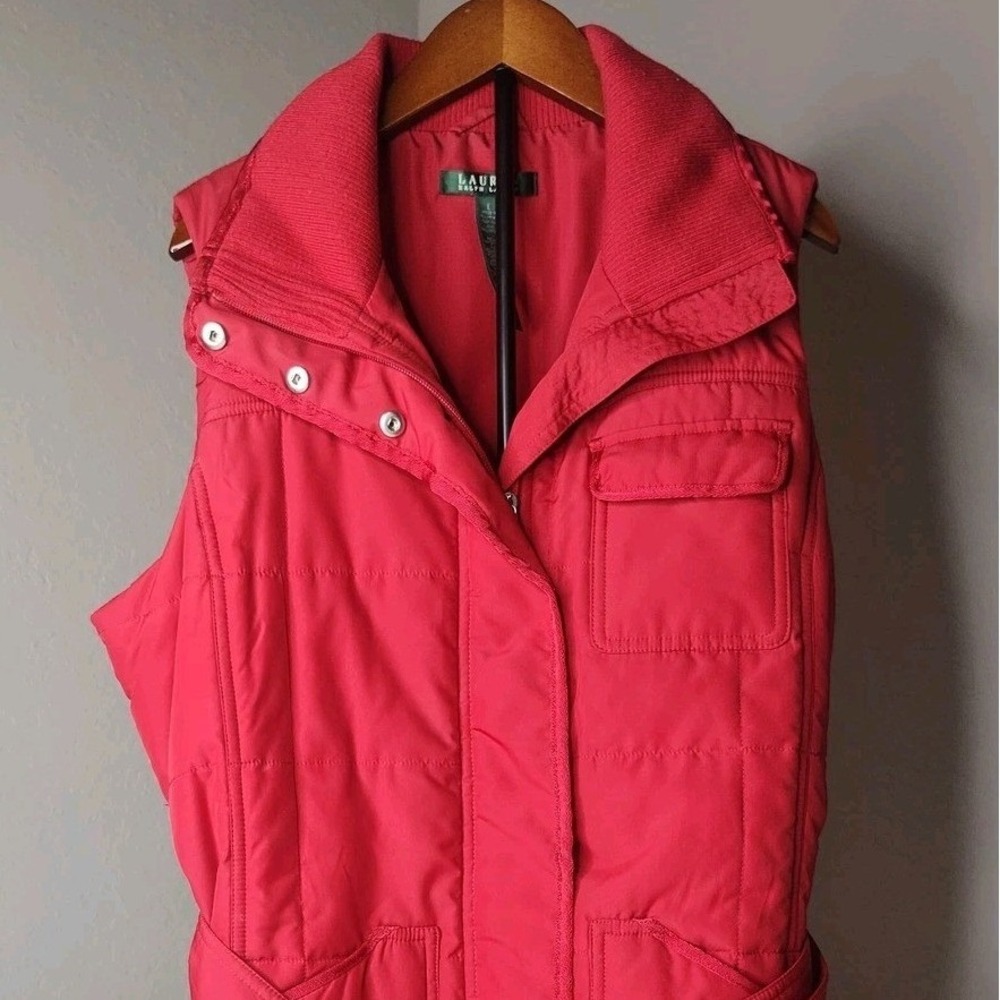 Lauren Ralph Lauren‎ Puffer Vest Womens Large Red Belted Quilted Mock Neck